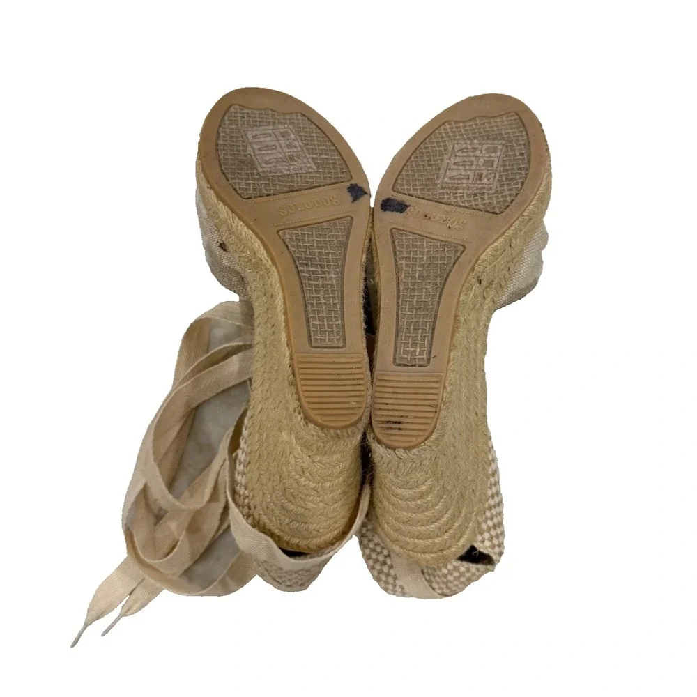 Soludos Floral Embroidered Espadrille Wedge Shoes Lace Up Ankle Tie Beige Size 7
